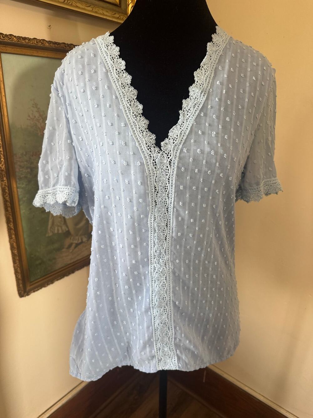 Light Blue Swiss Dot Lace Trim V-Neck Blouse Size S Romantic Boho